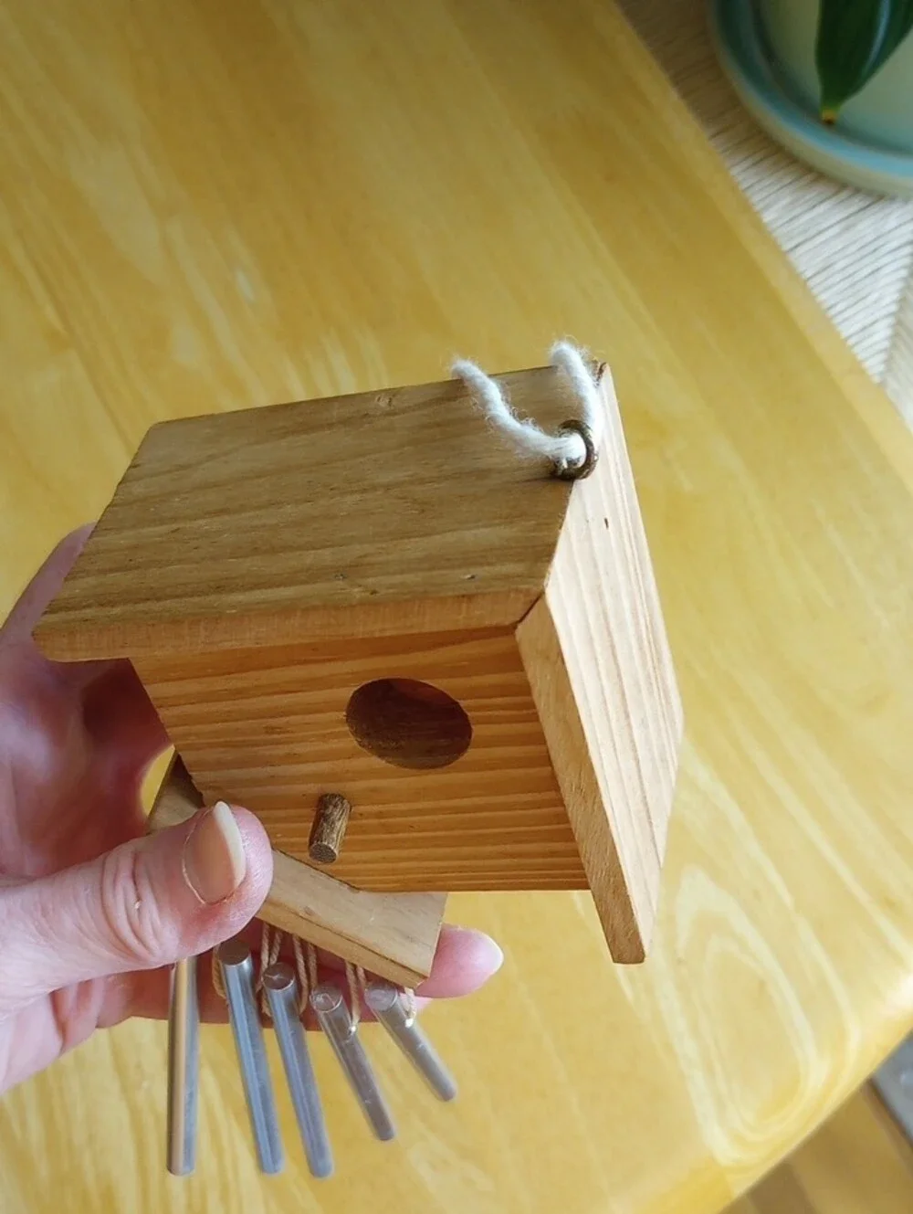 Natural Wood Birdhouse Wind Chime with Silver Tubes